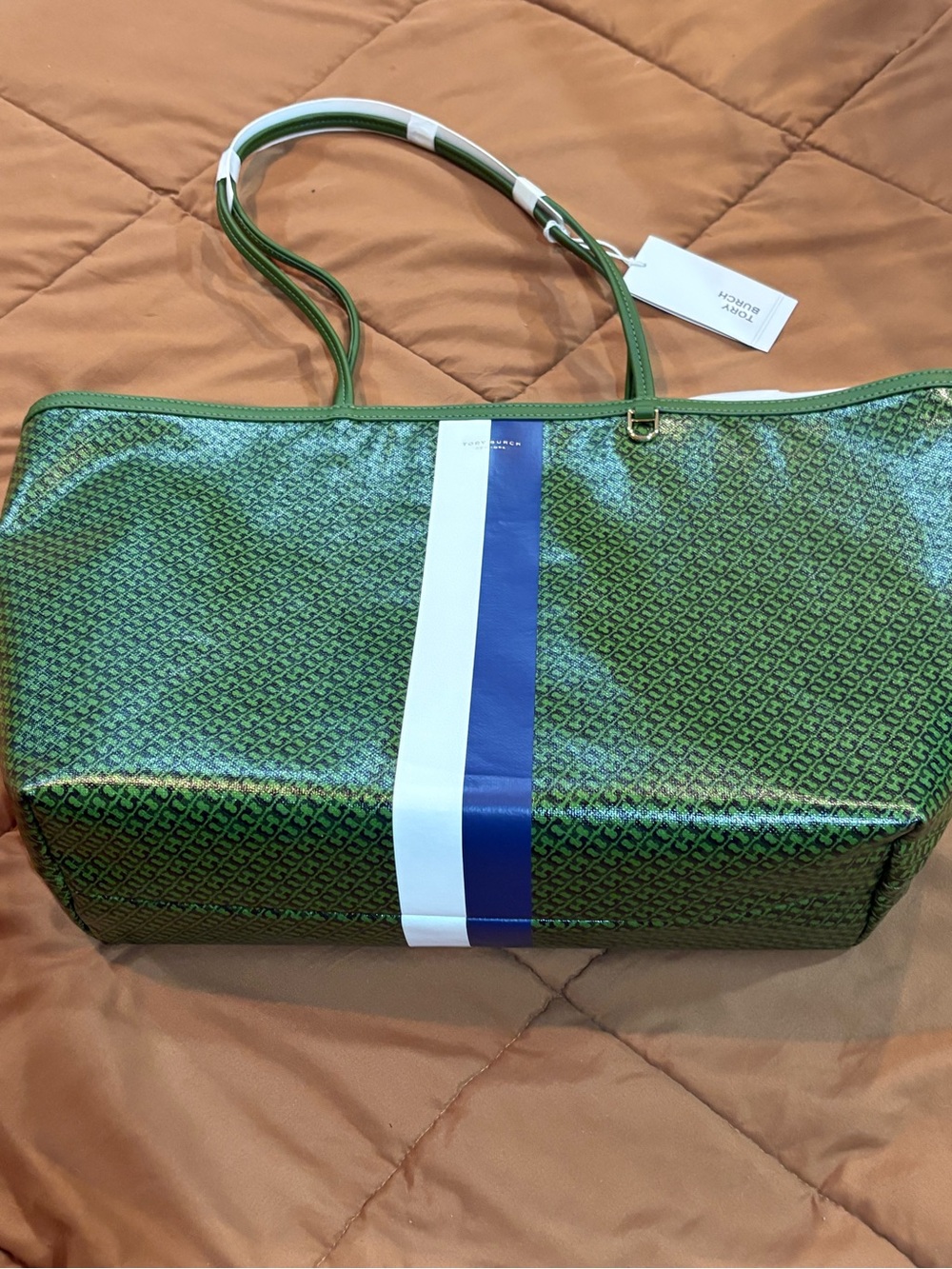 Tory Burch Green Tote with White and Blue Center Stripe